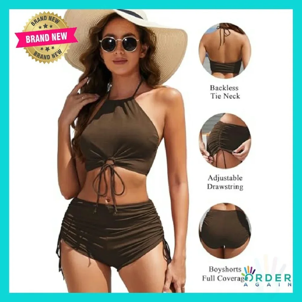 High Waisted Bikini Set Tummy Control Halter Drawstring Two Piece Swimsuit